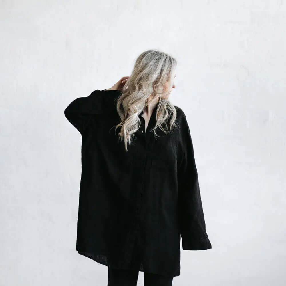 Linen boyfriend shirt in black by Seaside Tones Seaside Tones