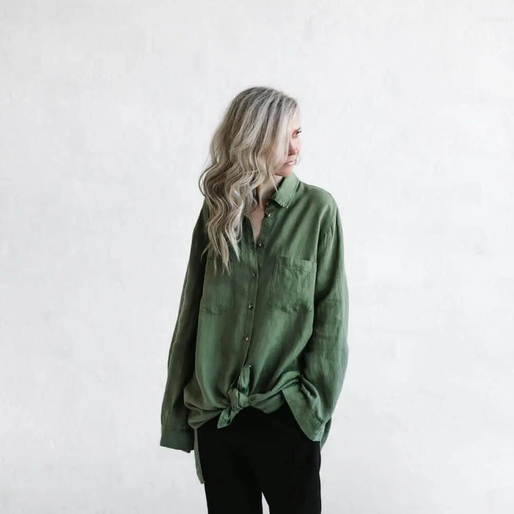Linen boyfriend shirt in olive by Seaside Tones Seaside Tones