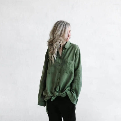 Linen boyfriend shirt in olive by Seaside Tones Seaside Tones