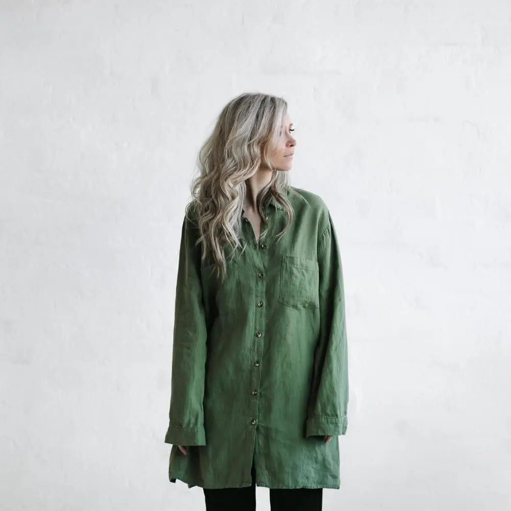 Linen boyfriend shirt in olive by Seaside Tones Seaside Tones