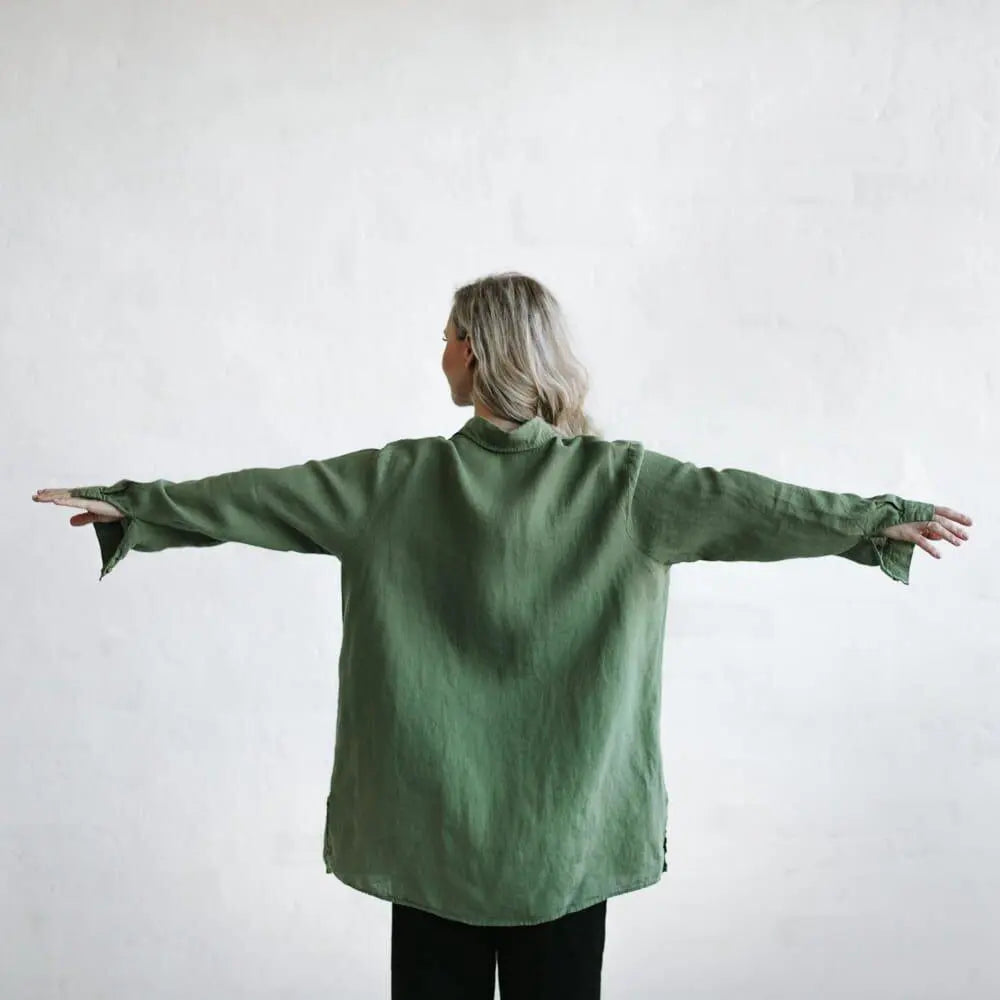 Linen boyfriend shirt in olive by Seaside Tones Seaside Tones
