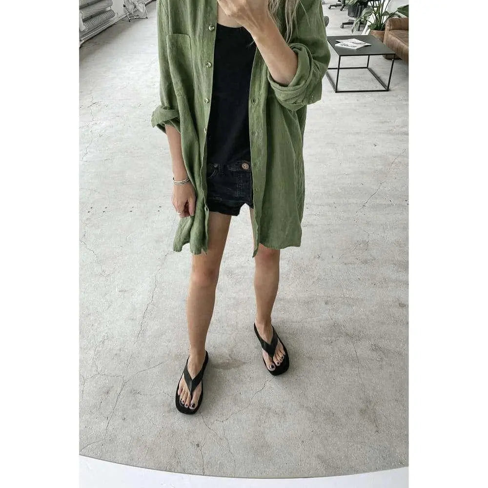 Linen boyfriend shirt in olive by Seaside Tones Seaside Tones