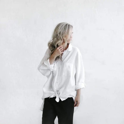 Linen boyfriend shirt in white by Seaside Tones Seaside Tones