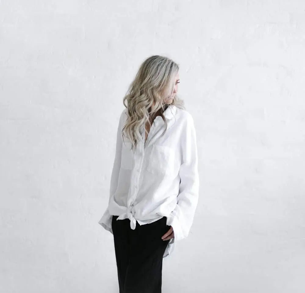 Linen boyfriend shirt in white by Seaside Tones Seaside Tones