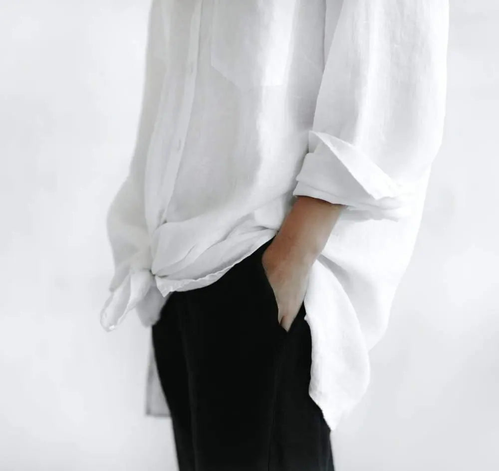 Linen boyfriend shirt in white by Seaside Tones Seaside Tones