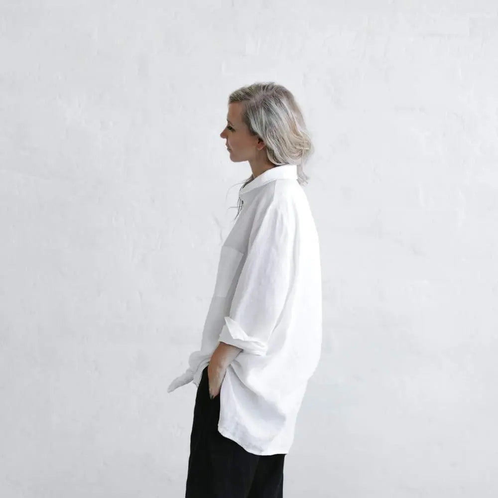 Linen boyfriend shirt in white by Seaside Tones Seaside Tones