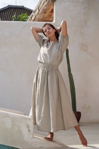 Long pleated linen skirt by Soelis Soelis