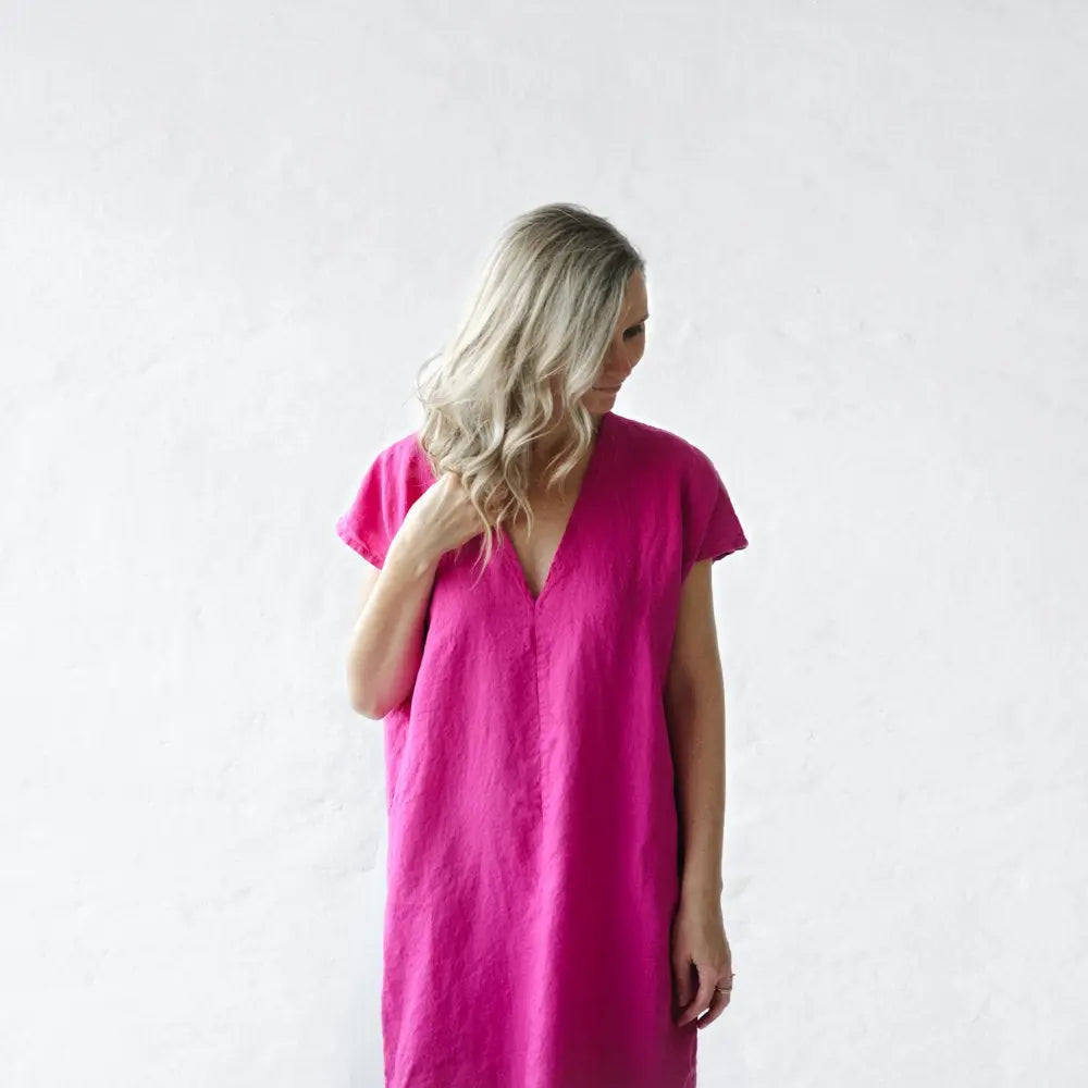 Neon Pink Linen V neck dress by Seaside Tones Seaside Tones