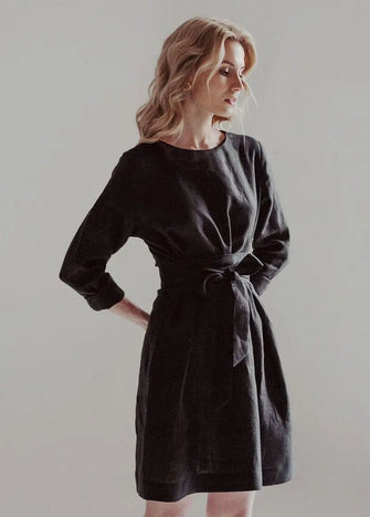 PRE-ORDER Black Belted Linen Dress - Long Sleeve / Mini Nich