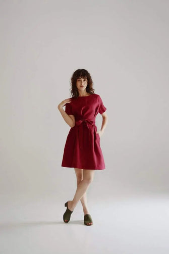 PRE-ORDER Burgundy Belted Linen Dress  - Short sleeve / Mini Nich