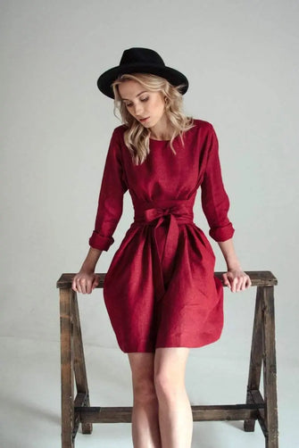 PRE-ORDER Burgundy Belted Linen Dress - Long sleeve / Mini Nich