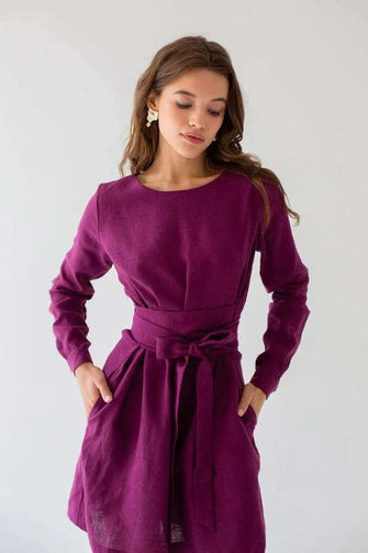 Audrey Eggplant Belted Linen Dress - Long Sleeve