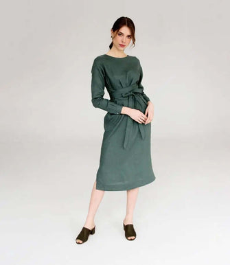 PRE-ORDER Green Sage Belted Linen Dress - Long Sleeve / Midi Nich