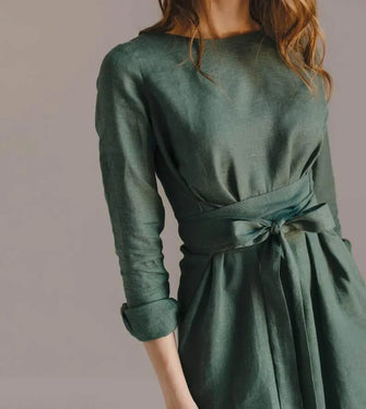 PRE-ORDER Green Sage Belted Linen Dress - Long Sleeve / Mini Nich