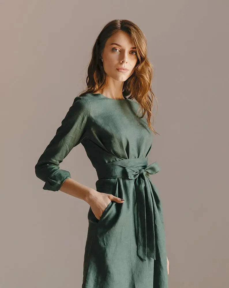 Audrey Green Sage Belted Linen Dress Long Sleeve Mini