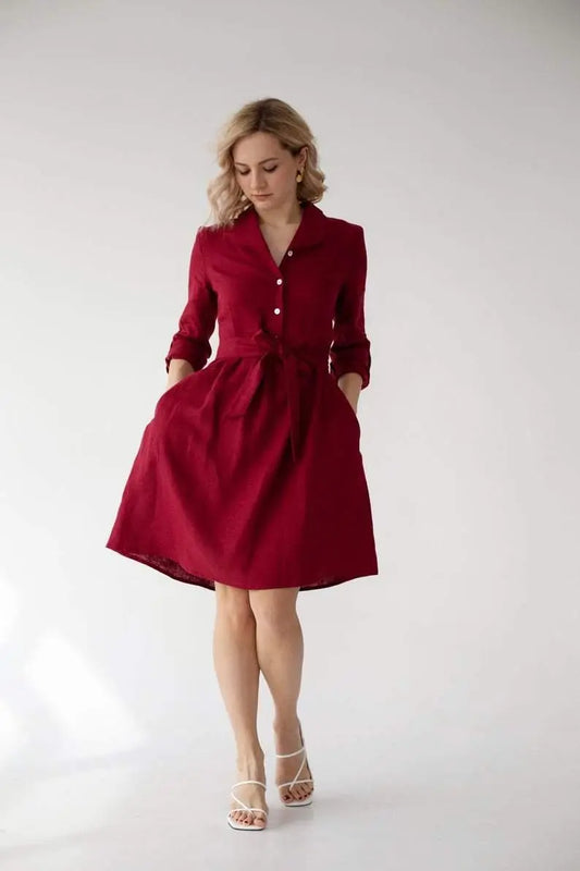 PRE-ORDER Lily Linen Dress In Burgundy Nich