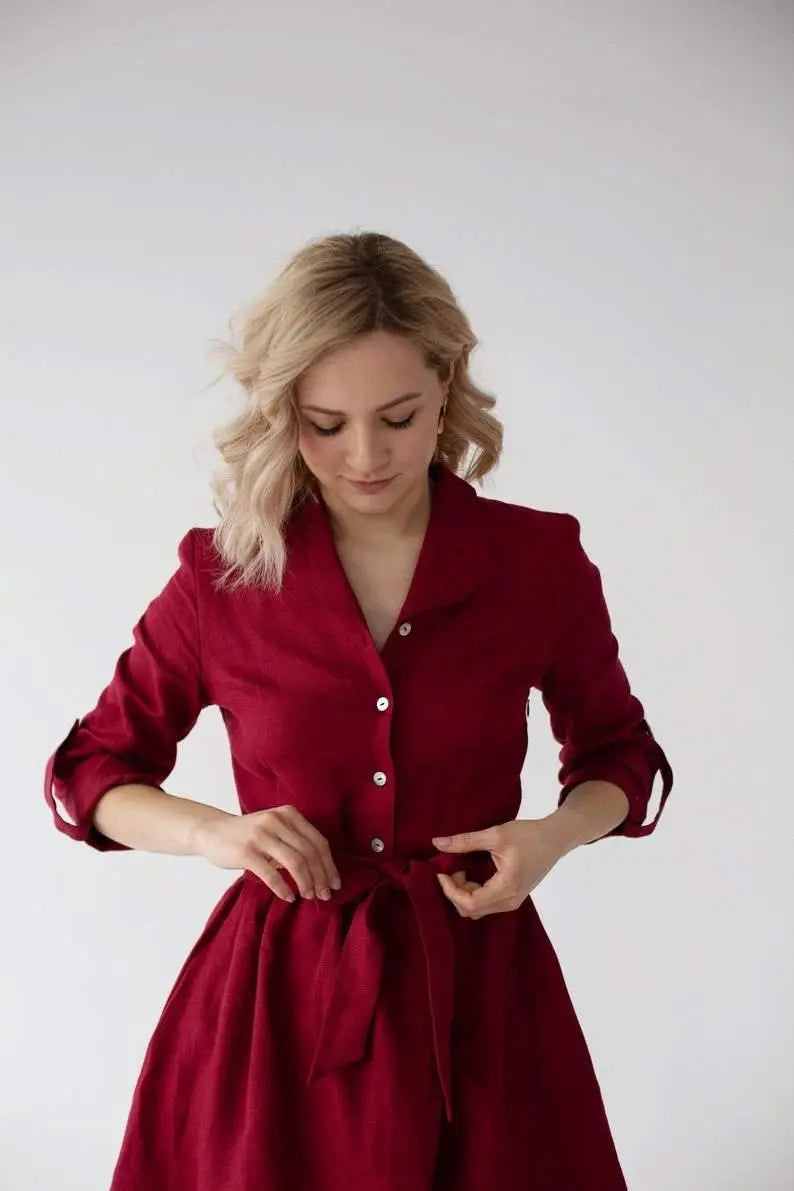 PRE-ORDER Lily Linen Dress In Burgundy Nich
