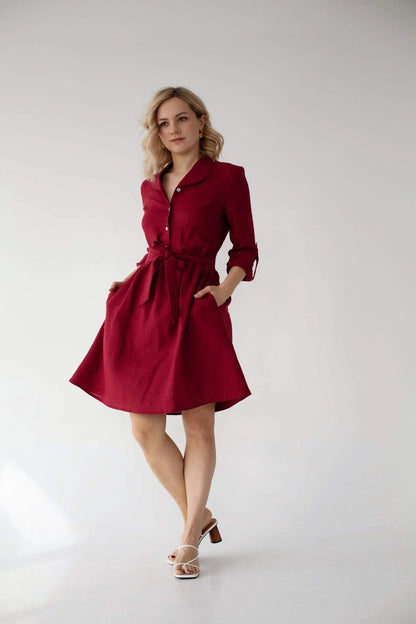 PRE-ORDER Lily Linen Dress In Burgundy Nich