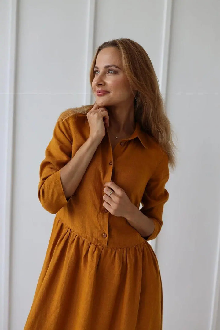 Linen Dress for Women Long Sleeves Linen Midi dress plus size linen dress loose casual handmade dress soft fall dress Boho good N180