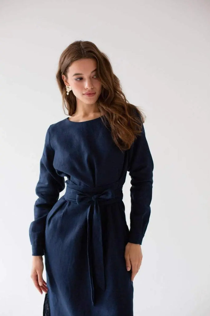 Audrey Navy Belted Linen Dress - Long Sleeve / Midi