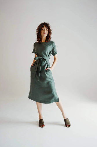 PRE-ORDER Sage Belted Linen Dress - Short sleeve / Midi Nich