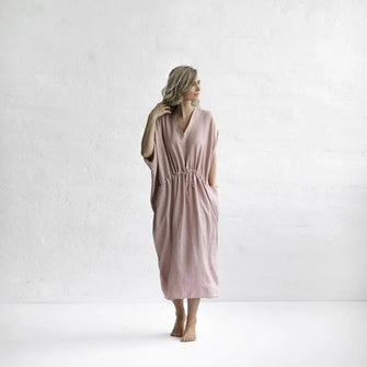 Pink drawstring waist linen dress by Seaside Tones Seaside Tones