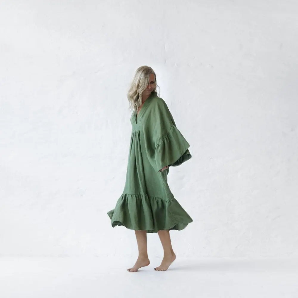 Sea Khaki,Blue And Pink Neon Linen Dress by Seaside Tones Seaside Tones